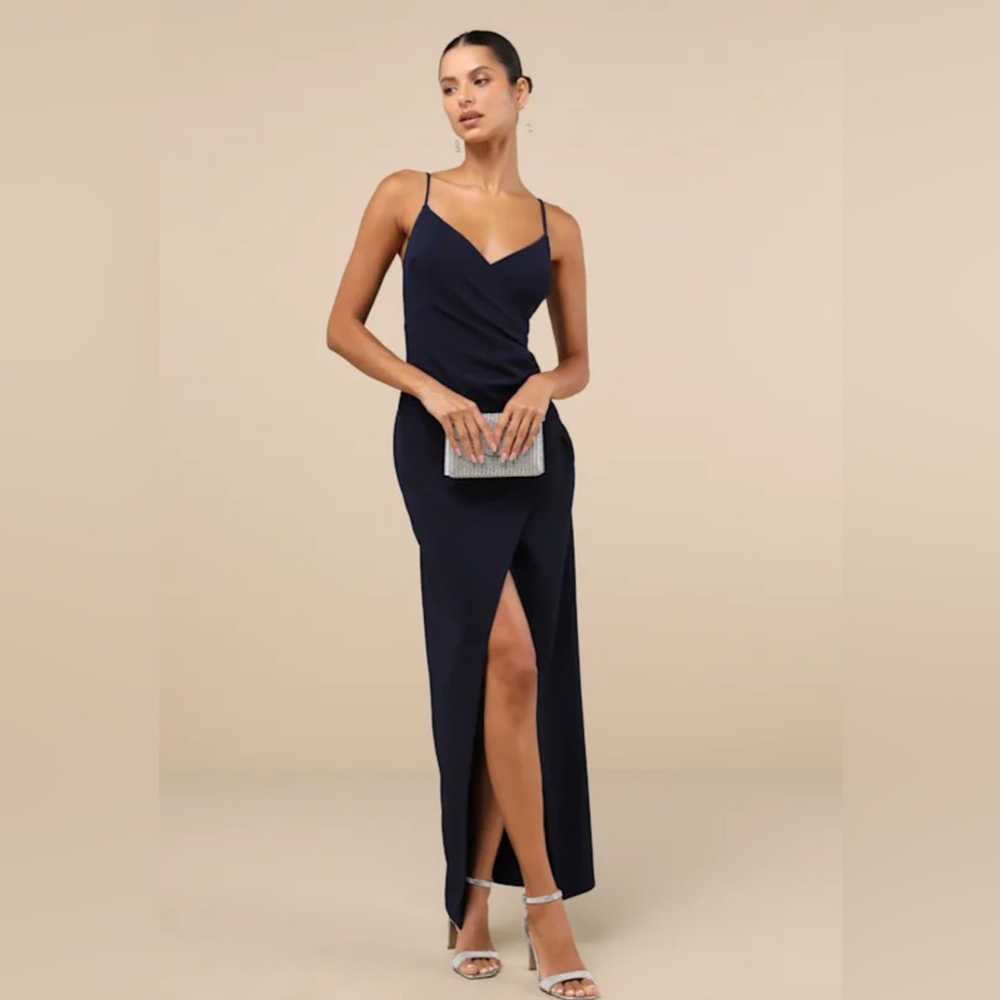Lulus Sweetest Admirer Navy Blue Ruched Surplice Maxi Dress NWT Medium